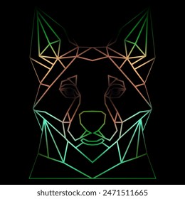 Cabeza de perro geométrica colorida sobre un fondo negro con líneas de degradado, dibujo de líneas, iluminación de neón. Arte vectorial, sots art, bajo poli, cubo-futurismo, pegatina, avatar de dibujos animados, logotipo animal diseño surrealista