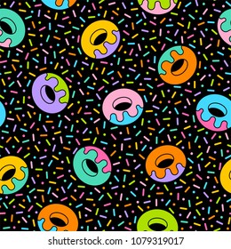 Colorful geometric donut seamless pattern with sprinkles background in memphis style