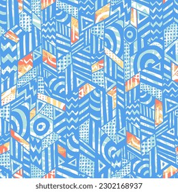 Patrón de doodle geométrico colorido, fondo vectorial sin fisuras en colores brillantes con formas geométricas y texturas. Impresión de diseño para ropa deportiva y activa