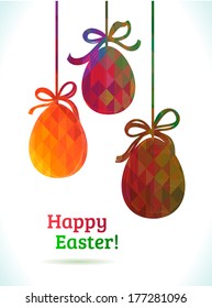 Colorful geometric Easter eggs hanging on ribbons with bows. Vector eps10 illustration 