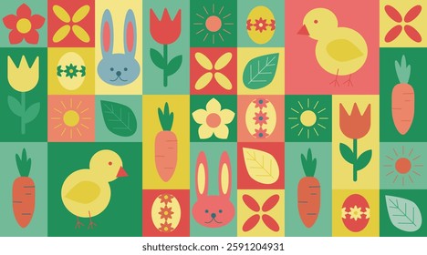 Colorful geometric Easter pattern with bunnies, chicks, decorated eggs, flowers, carrots, and leaves, perfect for decorations, banners, and greeting cards. Vector abstract geometric background