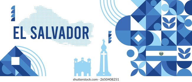 Colorful Geometric El Salvador Banner with Cultural Symbols and Flag Elements