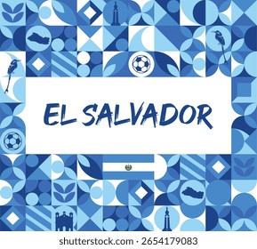 Colorful Geometric El Salvador Banner with Cultural Symbols and Flag Elements