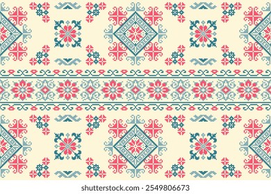 Colorful geometric embroidery traditional ethnic pixel art pattern for background.Aztec style.Design for texture,fabric,cloting,carpet,knitewar,curtains,wrapping,batik,scarf,vector,illustration