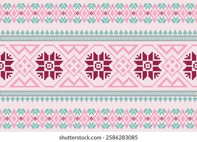 Colorful geometric embroidery traditional ethnic pixel art pattern for background.Aztec style.Design for texture,fabric,cloting,carpet,knitewar,curtains,wrapping,batik,scarf,vector,illustration