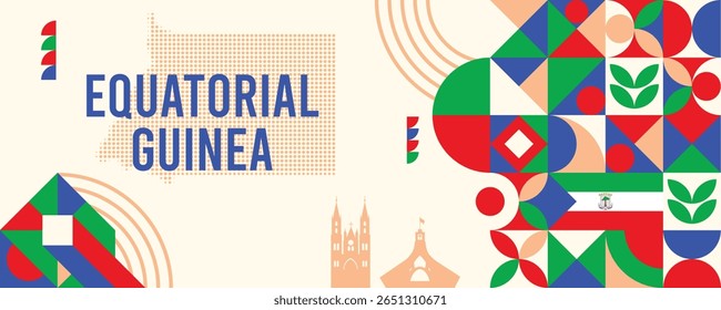 Banner geométrico colorido da Guiné Equatorial com símbolos culturais e elementos de bandeira