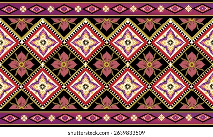 Colorful geometric ethnic floral pattern with diamond shapes, pink blossoms, and tribal motifs. Ideal for fabric design, cultural textiles, and traditional seamless borders.