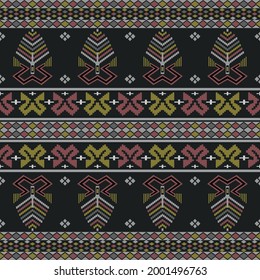 Patrón geométrico colorido étnico oriental diseño tradicional repetición textura de fondo en negro y gris, papel de pared, ropa, tela, alfombra, envoltura,Batik,Estilo de bordado de ilustración vectorial