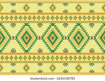 Farbiges geometrisches ethnisches Muster. Orientalisch, westlich, aztekisch, stammestraditionell. nahtloses Muster. Stoff, Fliese, Hintergrund, Teppich, Tapete, Kleidung, Sarong, Umhüllung, Batik, Stoff, Vektorgrafik