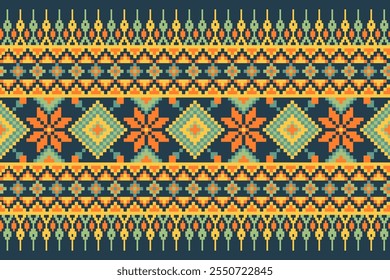 Colorful geometric ethnic pattern, Vector pixel art pattern,