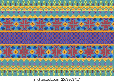 
Colorful Geometric Ethnic Pattern - Vector Pixel Art Design with Traditional Cultural Motifs.