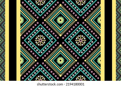 Colorful geometric ethnic seamless pattern design for wallpaper, background, fabric, curtain, carpet, clothing, and wrapping.
