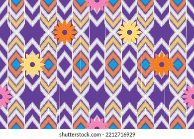 Colorful geometric ethnic seamless pattern ikat art embroidery style design for wallpaper, background, fabric, curtain, carpet, clothing, and wrapping.