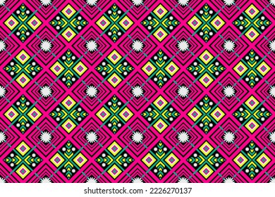 Colorful geometric ethnic seamless pattern design for wallpaper, background, fabric, curtain, carpet, clothing, and wrapping.