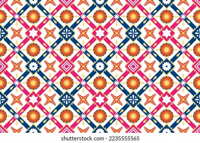 Colorful geometric ethnic seamless pattern design for wallpaper, background, fabric, curtain, carpet, clothing, and wrapping.