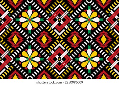 Colorful geometric ethnic seamless pattern design for wallpaper, background, fabric, curtain, carpet, clothing, and wrapping.