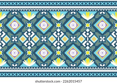 Colorful geometric ethnic seamless pattern design for wallpaper, background, fabric, curtain, carpet, clothing, and wrapping.