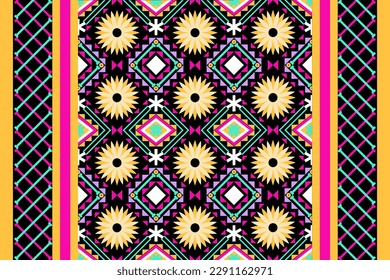 Colorful geometric ethnic seamless pattern design for wallpaper, background, fabric, curtain, carpet, clothing, and wrapping.