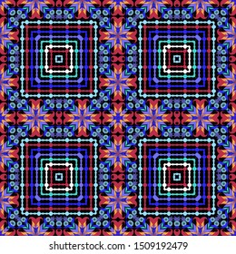 Colorful geometric ethnic style vector seamless pattern. Floral bright tribal background. Ornamental repeat striped backdrop. Multicolor abstract ornament with flowers, stripes, squares, shapes.