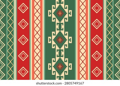 Colorful geometric ethnic vector pattern background in green, red, and cream. Traditional Latin American Peruvian Aztec ornament with repeating diamond and vertical stripe details.