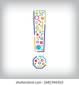 Logotipo geométrico colorido del diseño en forma de signo de exclamación. Escuela creativa, educativa y gráfica.
