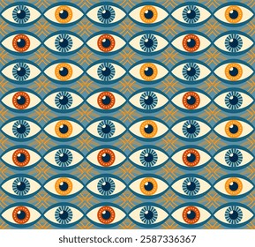 Colorful Geometric Eye Pattern with Diverse Iris Designs, retro mid-century style, seamless vector pattern rows of stylized monster eyes with varying iris designs.