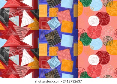 colorful geometric figure crooked linear square, triangle, circle seamless pattern on green background