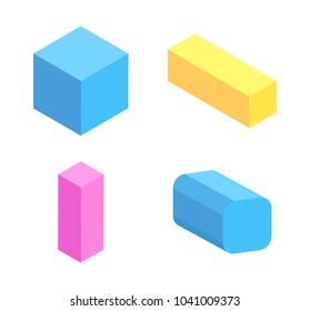 Colorful geometric figures collection, vector card isolated on white, illustration with blue cube and round cuboid, vertical and horizontal cuboids