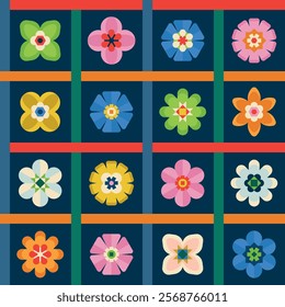 Colorful geometric floral dark seamless pattern, featuring vibrant, symmetrical designs with bold shapes and contrasting colors.