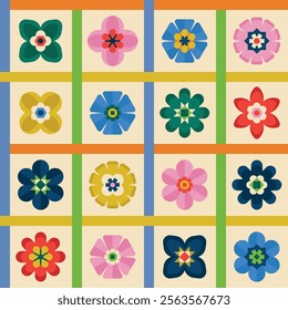 Colorful geometric floral seamless pattern, featuring vibrant, symmetrical designs with bold shapes and contrasting colors.