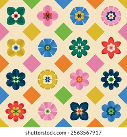 Colorful geometric floral seamless pattern in a tiled layout, featuring vibrant, symmetrical designs with bold shapes and contrasting colors.