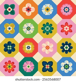 Colorful geometric floral seamless pattern in an octagonal tiled layout, featuring vibrant, symmetrical designs with bold shapes and contrasting colors.