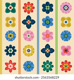 Colorful geometric floral seamless pattern in a linear layout, featuring vibrant, symmetrical designs with bold shapes and contrasting colors.