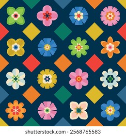 Colorful geometric floral seamless pattern in a dark tiled layout, featuring vibrant, symmetrical designs with bold shapes and contrasting colors.