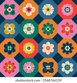 Colorful geometric floral seamless pattern in an dark octagonal tiled layout, featuring vibrant, symmetrical designs with bold shapes and contrasting colors.