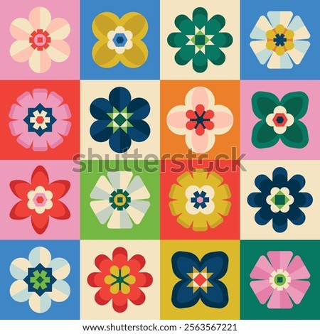 Colorful geometric floral seamless pattern in a grid layout, featuring vibrant, symmetrical designs with bold shapes and contrasting colors.