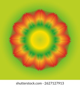 Colorful  Geometric Flower Pattern with Color Transition. Abstract radial pattern  in vivid red, green, and yellow gradient on a lime green background