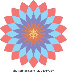Colorful geometric flower pattern with layered petals in pink, blue, and purple on a white background