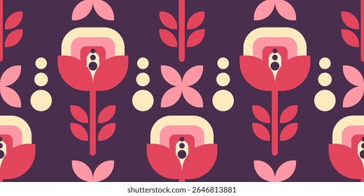 Padrão de flor geométrica colorida em estilo retrô com elementos roxos, vermelhos e rosa. 