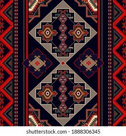 Colorful geometric folk pattern. Symmetry ornamental wallpaper. Vector clipart. Decorative red and blue digital paper with rhombus. Ethnic seamless backdrop