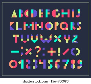 
Colorful geometric font - punctuation, letters, numbers. Youth modern creative style. ABC - rectangular, round, triangular forms, shapes. 0-9, signs. Dark background. Print, type with simple letters.