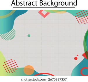 Formas geométricas coloridas, como círculos, curvas e polígonos, criam um arranjo moderno e dinâmico contra uma grade pálida sutil, fornecendo um pano de fundo versátil para vários usos.