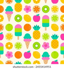 Colorful geometric fruit, hibiscus and ice cream seamless pattern design for summer holidays background. 