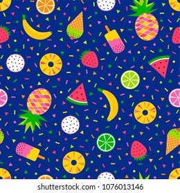 Colorful geometric fruits and dessert seamless pattern background in memphis style
