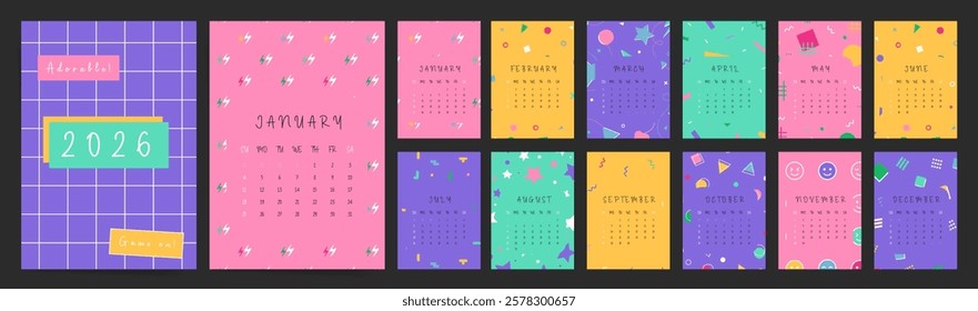 Colorful Geometric Fun 2026 Calendar Template for Sunday Start Layout