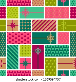 Colorful geometric gift boxes seamless pattern background for christmas holidays.