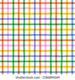 Colorful Geometric Grid Line Seamless Pattern. Retro Rainbow Plaid Style Background. Abstract Tartan Fabric Texture Illustration.