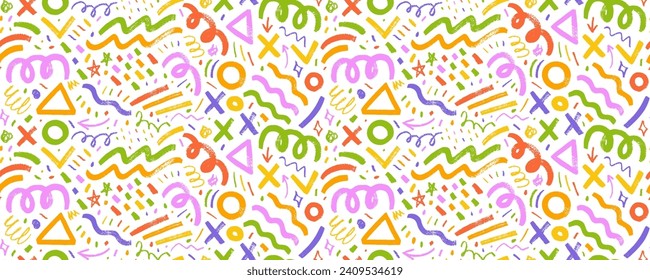 Colorful geometric grunge doodle seamless pattern with charcoal squiggles and brush drawn shapes. Abstract geometric banner with bold lines, thick strokes and pencil or charcoal squiggles.