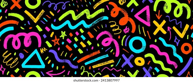 Colorful geometric grunge doodle seamless pattern with charcoal squiggles and brush drawn shapes. Abstract geometric banner with bold lines, thick strokes and pencil or charcoal squiggles.