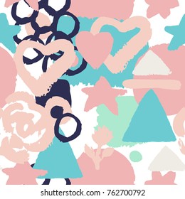 Colorful geometric grunge seamless pattern with hand drawn brush strokes, circles, rings, hearts, flowers, rose, triangles, stars, lines, geometrical shapes. Messy texture,  grungy background. Vector.